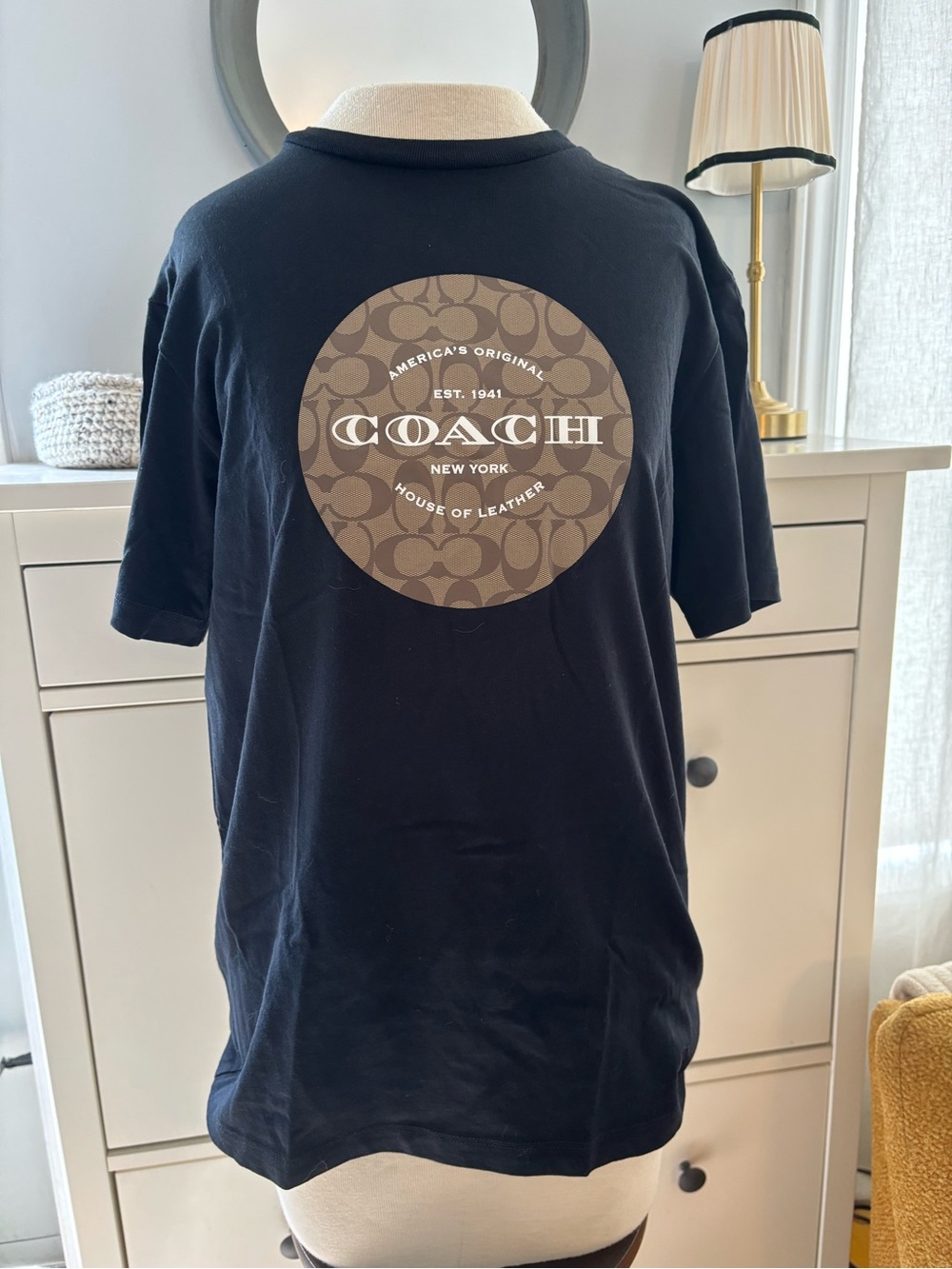 COACH Black Short-Sleeve Logo Tee with Brown Signature Circle